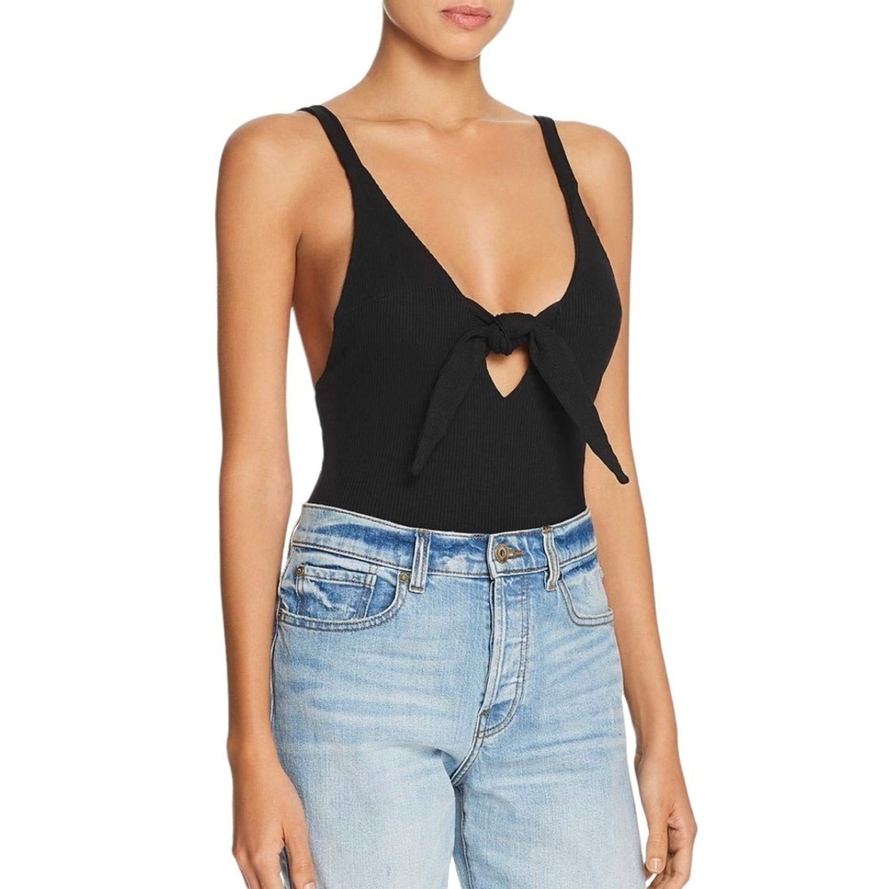 Tiger Mist Black Hazel‎ Front Tie Keyhole Sexy Ribbed Bodysuit Women's XS NWT